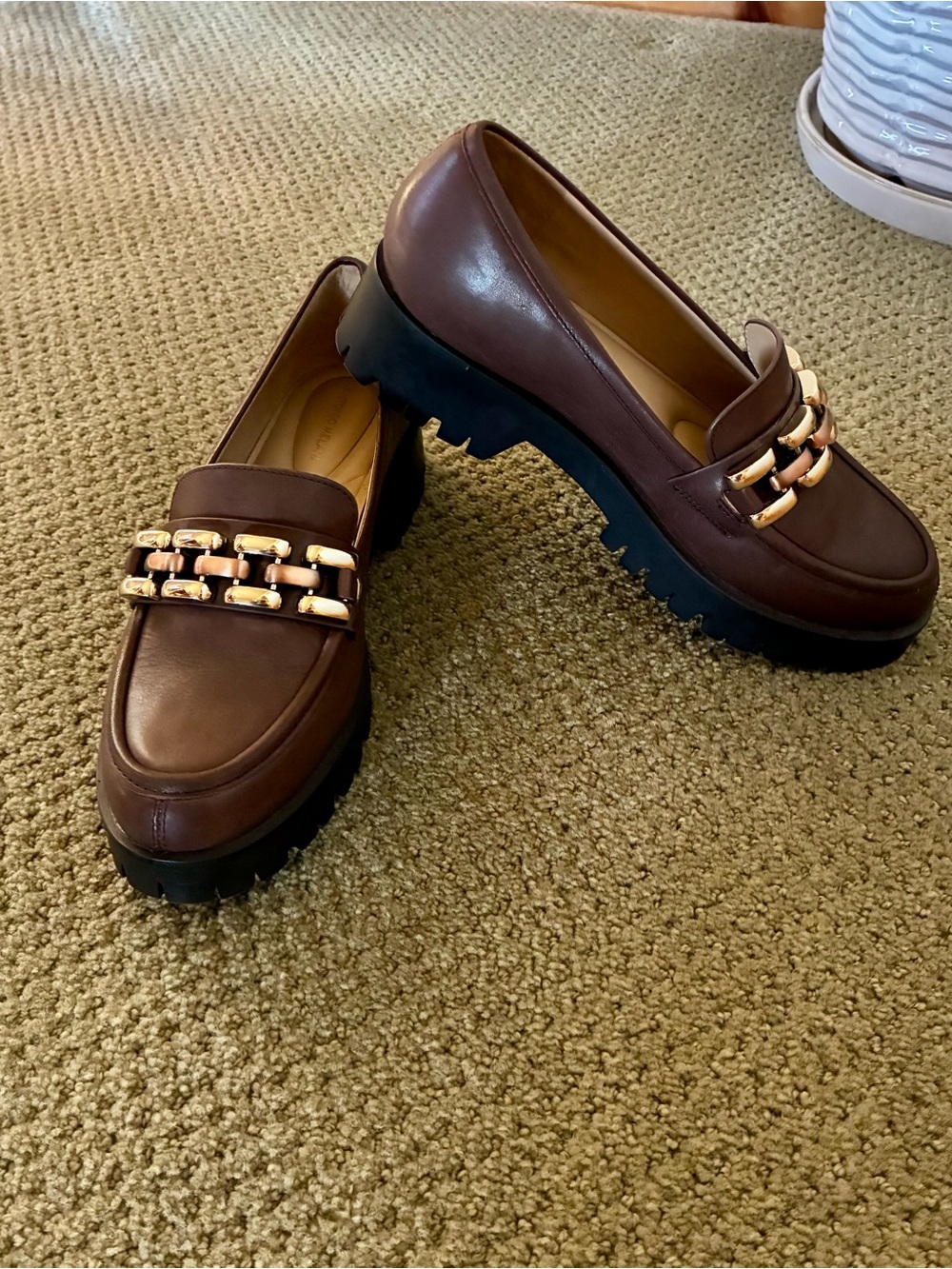 ANTONIO MELANI Brookelyn Brown Leather Chain-Trim Lug Loafers